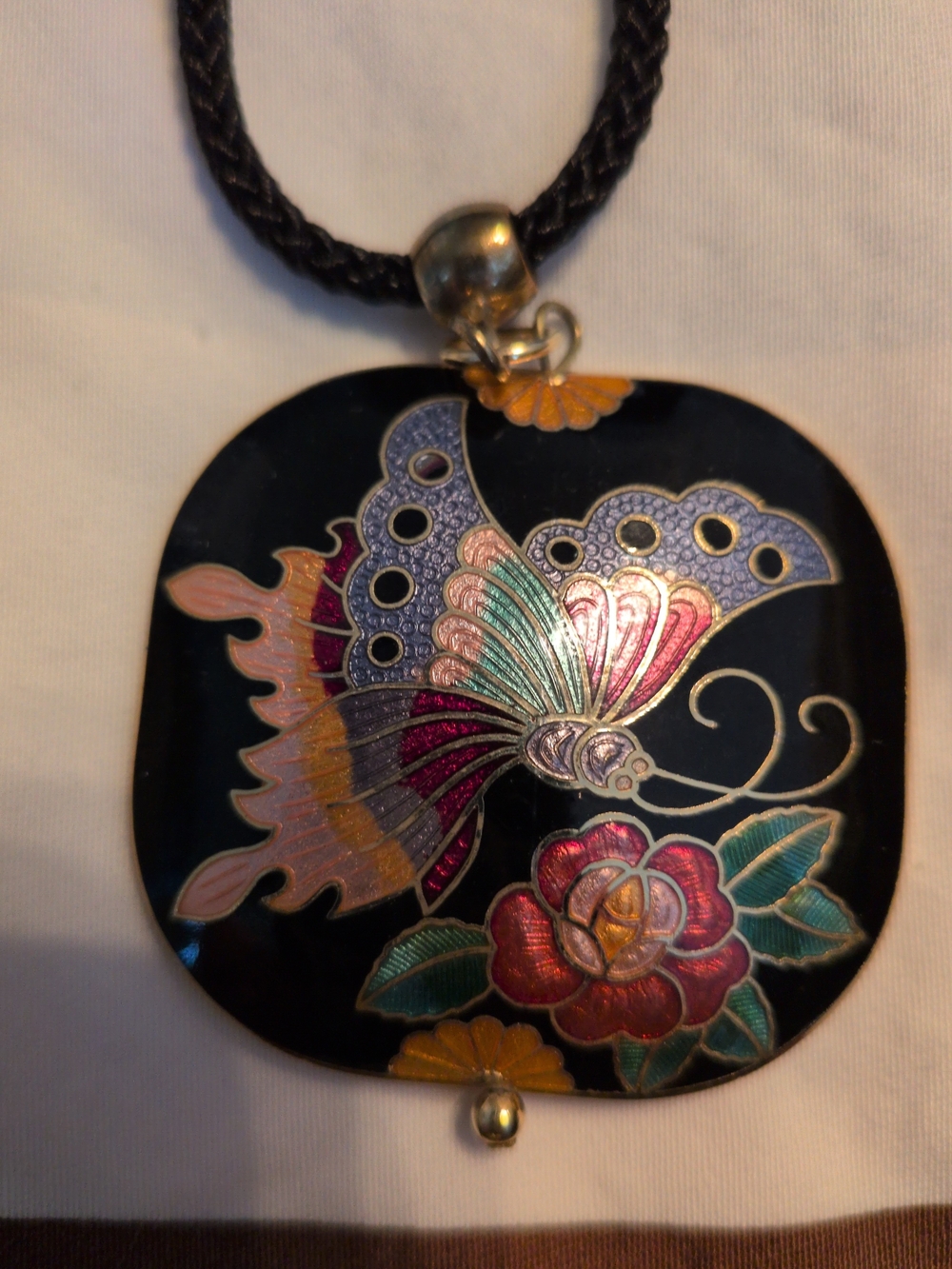 Black Enamel Butterfly Cloisonne Pendant Necklace